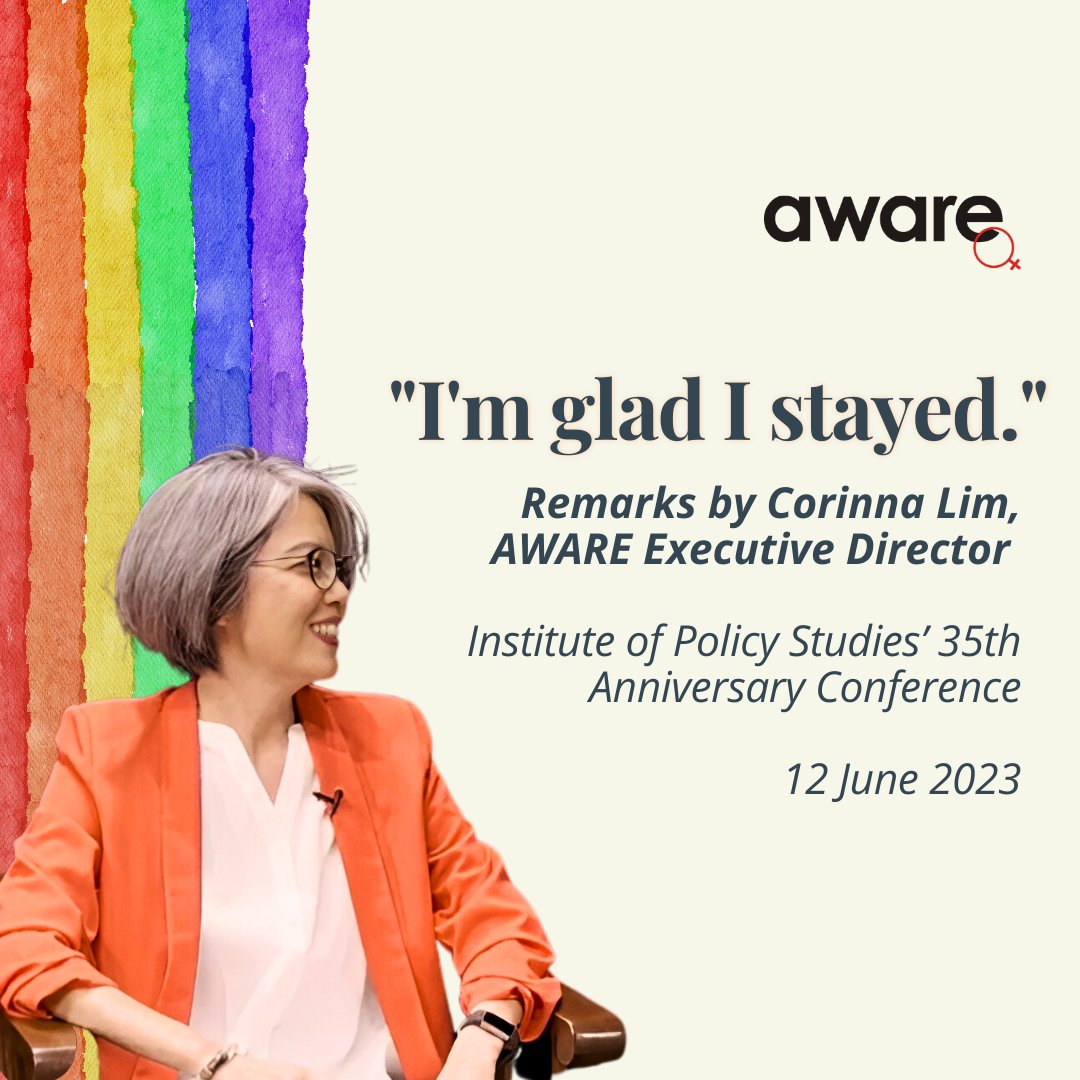 awarenews's tweet photo. "I'm glad I stayed."

AWARE Executive Director Corinna Lim spoke yesterday at @IPS_sg's Conference, on the panel “Revisiting Pluralism”. Her remarks were made in her personal capacity, but we're reprinting the transcript of her comments in these slides, with edits for clarity. https://t.co/3ysR0Q8QkE