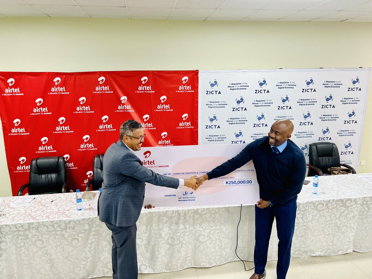 ZictaZM's tweet photo. We proudly acknowledge the significant contribution of Airtel Networks Zambia Limited towards the 2023 ZICTA ICT Innovation Programme. 

Let's transform Zambia into a digital economy together. 🚀🇿🇲 

#ZICTA #Airtel #Innovation #DigitalTransformation #ICTDevelopment https://t.co/hKyfhj2URJ