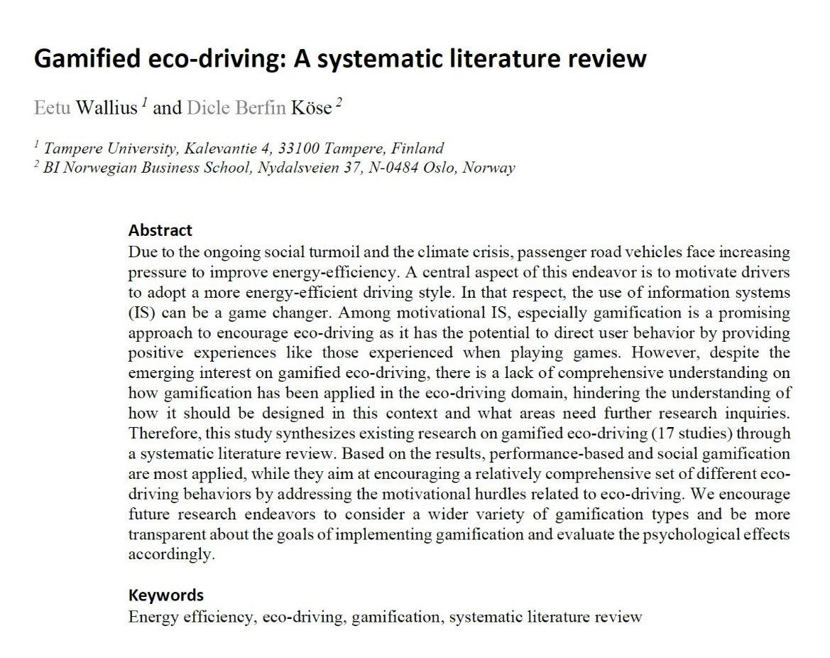 Did you know that making use of #gamified #informationsystems can be effective for improving the energy efficiency of road vehicle drivers? 

In a new article, <a href="/dicleberfink/">Dicle Berfin Köse</a> and Eetu Wallius present how #gamification has been used to encourage #ecodriving: ceur-ws.org/Vol-3405/short…