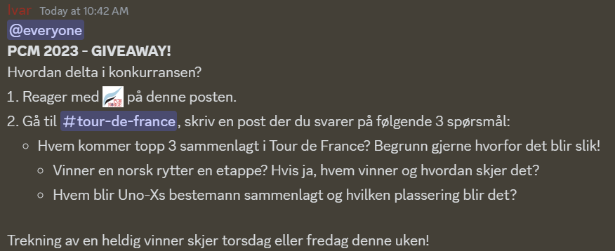 pcmnorge's tweet photo. PCM23 GIVEAWAY!
I vår Discord-server gjennomfører enda en PCM23 giveaway. Bli medlem, besvar følgende tre spørsmål om Tour de France og bli med i trekningen: https://t.co/xbKtJsdnOY
#ProCyclingManager #PCMNorge https://t.co/NM4Uvnwocg