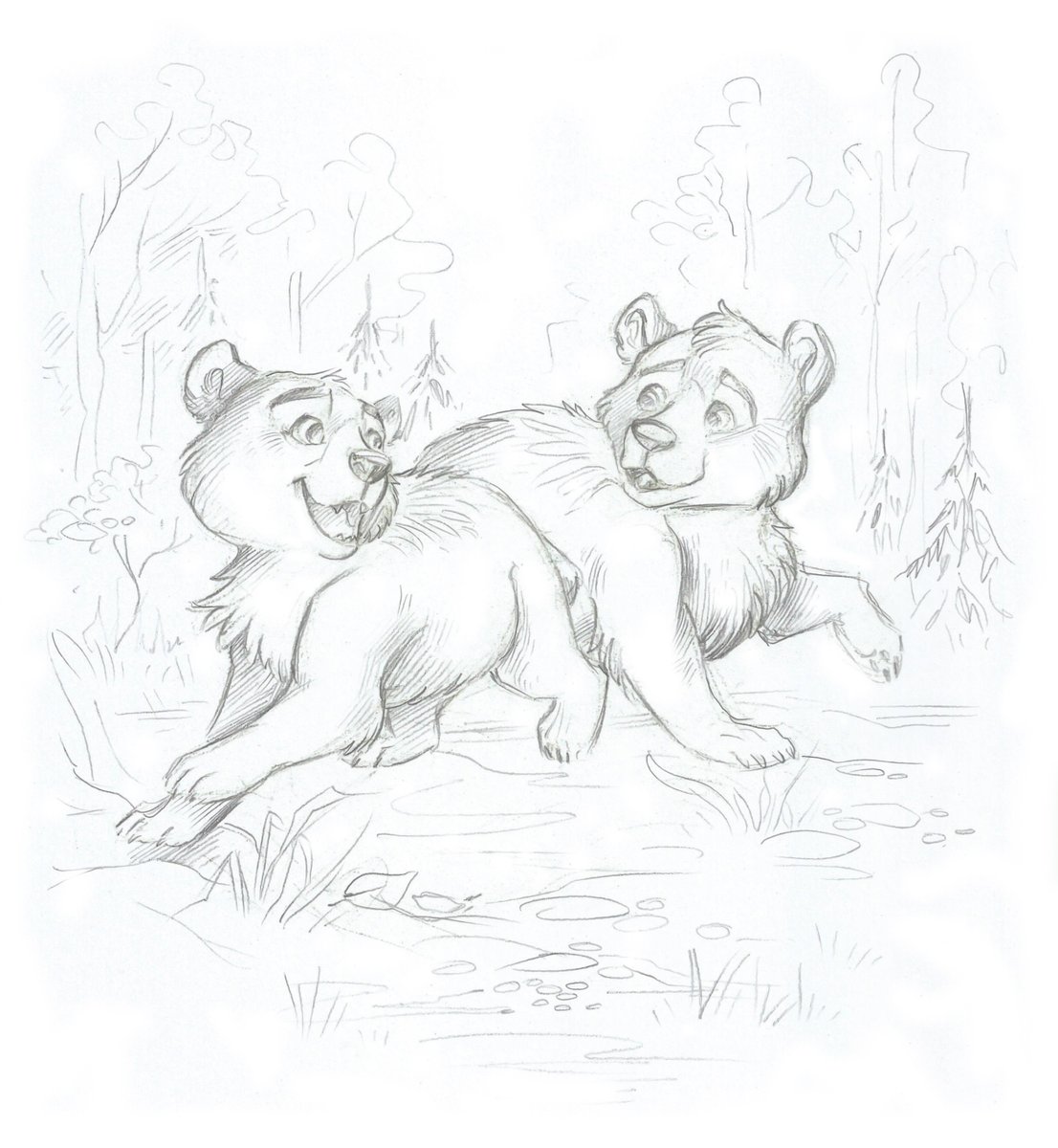 Sketch for the short story “Winter unrest' by Nikolay Bautin.

This is the story about restless bear cubs, which ran off for adventures, because winter rest is too boring.
#bear #pencildrawing #bearcub #pencilart #childrensbookart #childrensbook #animalart #bears #forest #sketch