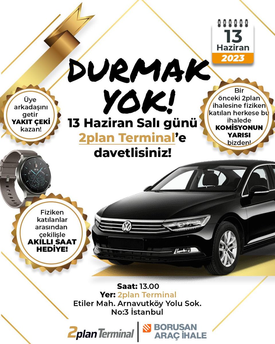 2plantr's tweet image. DURMAK YOK!
13 Haziran Salı günü 2plan Terminal'de gerçekleşecek olan ihalemize davetlisiniz.🚗

Saat: 13:00
Yer: 2plan Terminal - Etiler Mah. Arnavutköy Yolu Sk. No:3 İstanbul

#2plan #2planTerminal #borusanaraçi̇hale @Borusanai