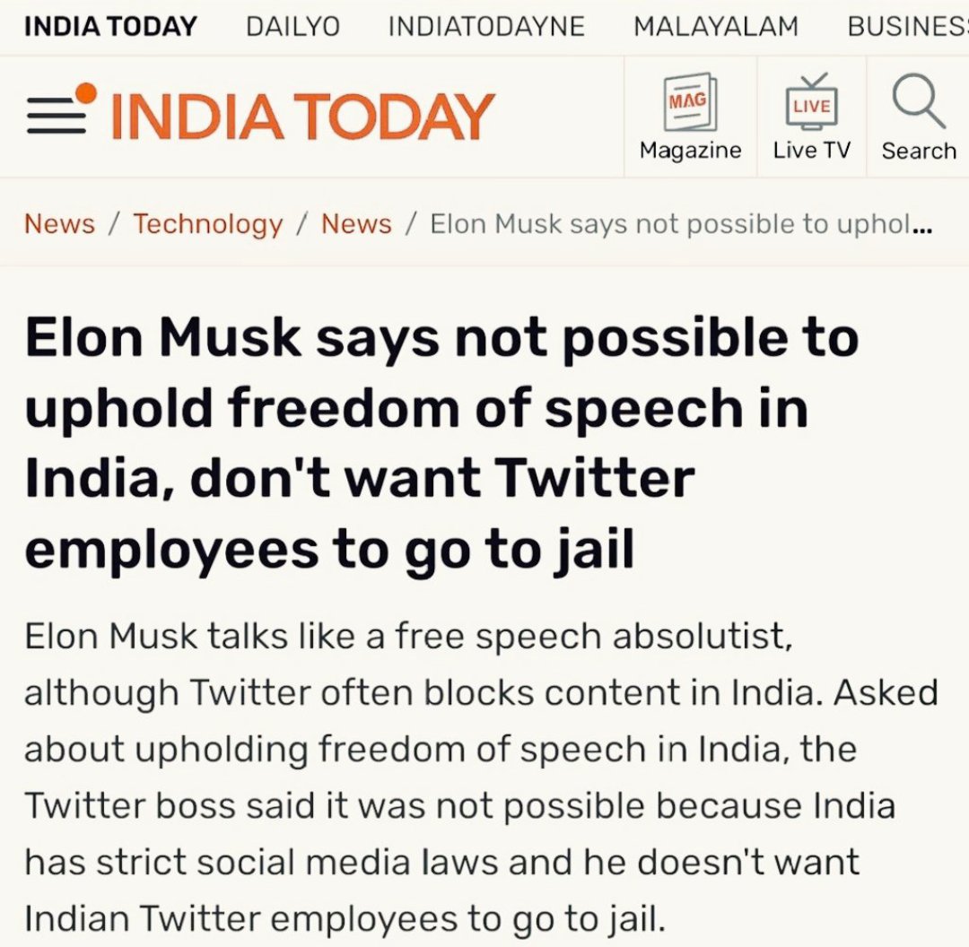 जैक डोर्सी क्यों झूठ बोलेगा, उसे क्या इंडिया में आकर  चुनाव लड़ना है?

कौन नहीं जानता कि ट्वीटर इंडिया के दफ़्तर और उसके कर्मचारियों के घरों पर छापेमारी हुई थी?

यहां तक कि वर्तमान CEO #elon_musk ने भी ये कहा :
"भारत में अभिव्यक्ति की स्वतंत्रता कायम रखना असंभव है।" 👇
