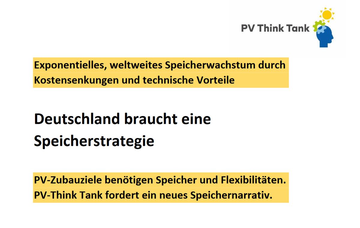 Speicher🧵

PV-ThinkTank: 
Deutschland braucht eine Speicher-Strategie!

Speicher werden sehr bald eine wichtige Rolle beim Ausbau der Erneuerbaren Energien spielen.

Regulierung und Szenarien sollten angepasst werden.

Speicherstrategiepapier pv-thinktank.de/wp-content/upl…
1/n
