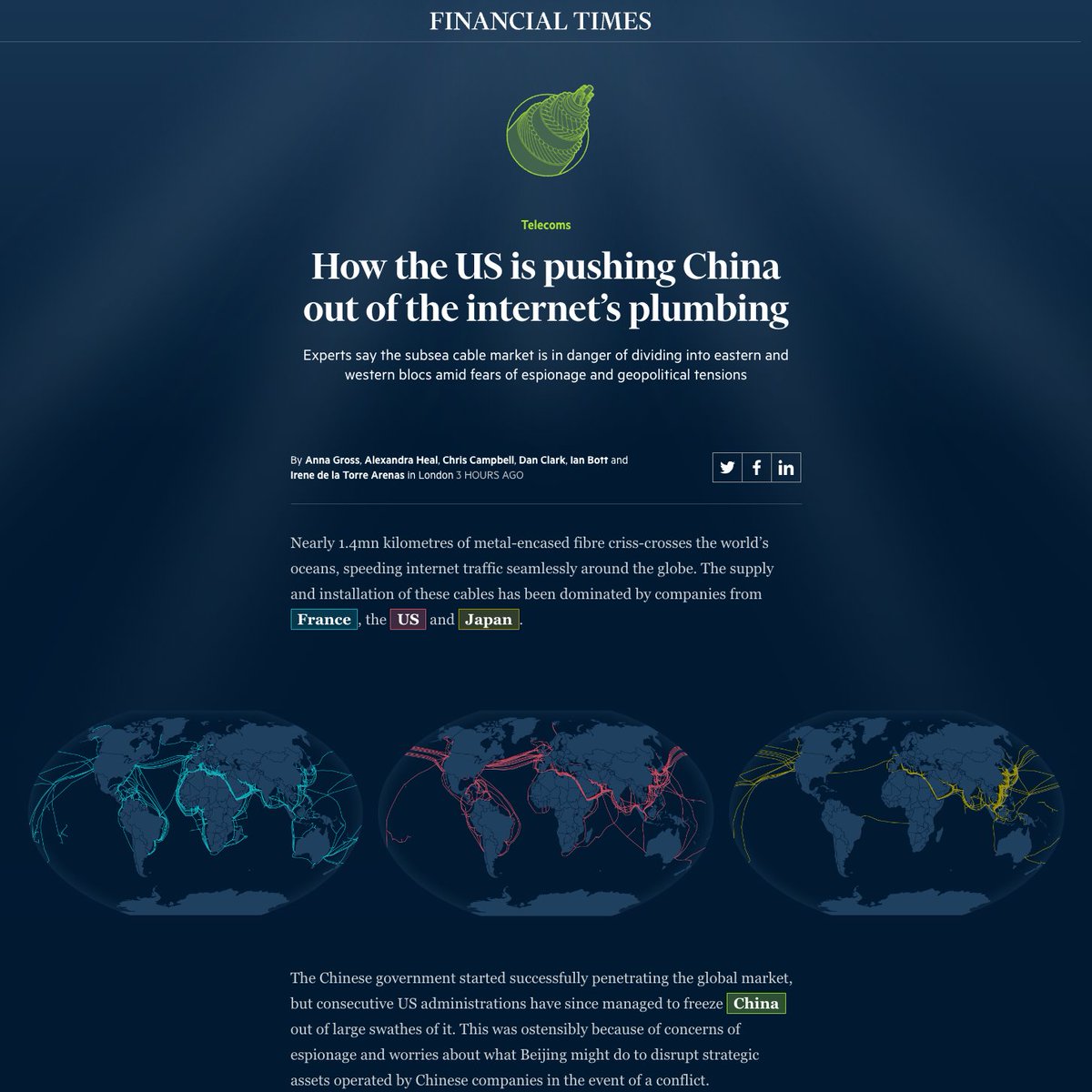 digitalcampbell's tweet image. Had a great time working on this visual deep dive into the geopolitics of subsea internet cables. Richly reported + maps, charts, technical illustrations and mini globes!
ig.ft.com/subsea-cables/
#gistribe #dataviz