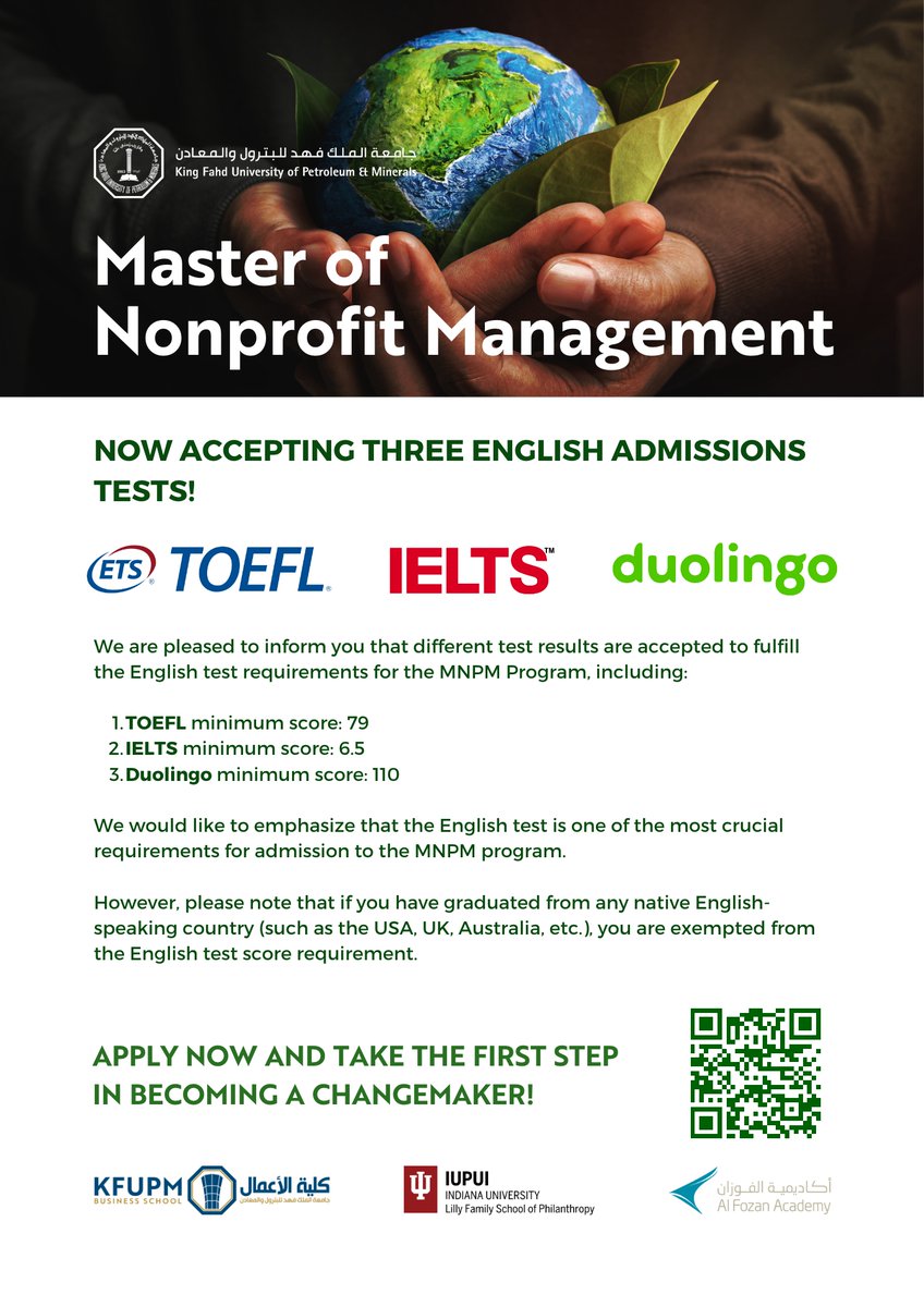 We are pleased to inform MNPM Candidates that we are now accepting the <a href="/duolingo/">Duolingo</a> English Admissions test as the third option. 

Learn more about duolingo: englishtest.duolingo.com/scores

#MNPM_KFUPM
#KBS
#KFUPM