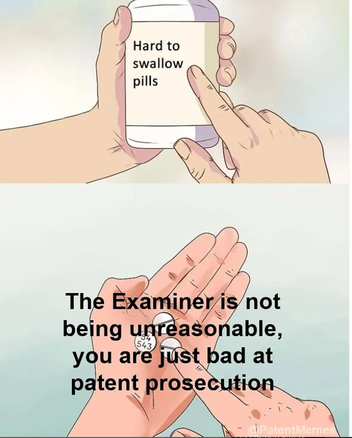 BicolliMikele's tweet photo. #Examiners are now definitely making hard-to-swallow memes 😂 via PatentMemes on Instagram
#PatentExaminer #PatentAttorney #PatentProsecution #IntellectualProperty #LegalHumor #PatentProcess #PatentWorld #IPLaw #ExaminerVsAttorney #PatentJokes #patent #uspto #patentoffice #legal https://t.co/YQF0CrXEc4