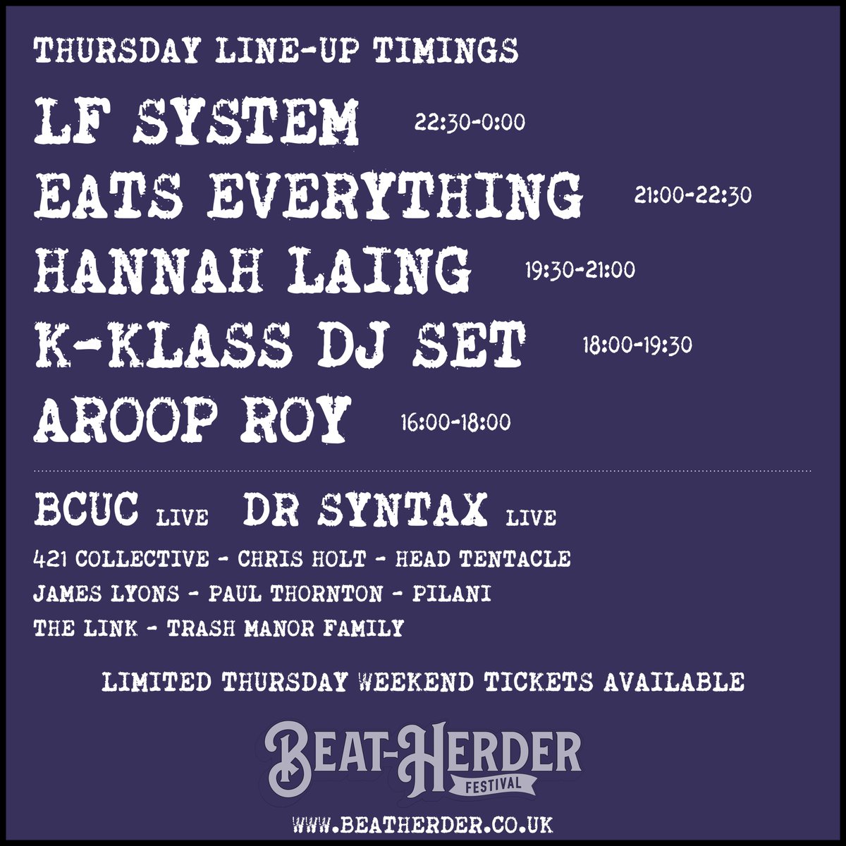 🥳1 month to go!🥳
For all you lucky people with the 4 day tickets

You're in for a treat with this lot 
Big night, small capacity

Toil Trees, all venues on The Street in the woods, Smoky Tentacles &amp; Trash Manor!

Limited tickets remaining - beatherder.co.uk

HERD EM UP x