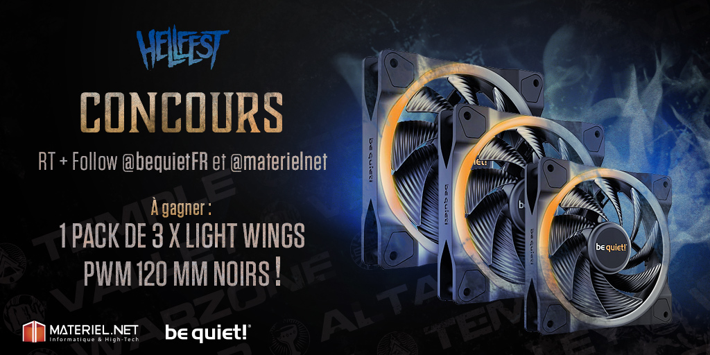materielnet's tweet photo. 🤘 𝐂𝐎𝐍𝐂𝐎𝐔𝐑𝐒 🤘

À l'occasion du #Hellfest2023, on met en jeu 1 pack de 3 ventilos be quiet! Light Wings 120 mm PWM ARGB ! 

👉 RT + Follow @materielnet &amp; @bequietFR pour tenter de le gagner 🎁

📋 https://t.co/bX5Xm262Xz
🎰 Tirage 26/06
🍀 Bonne chance à toutes et tous ! https://t.co/rLJt5NessY