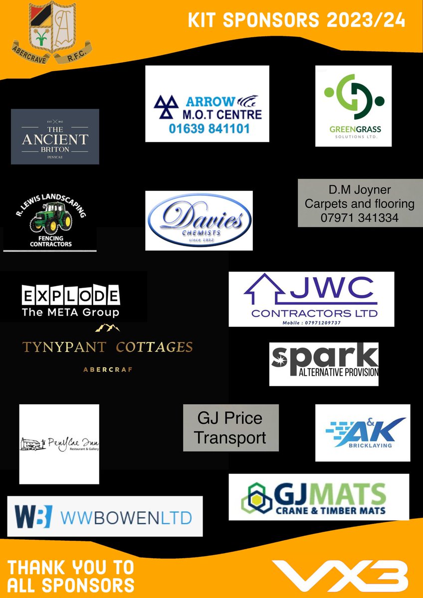 AbercraveRFC's tweet photo. Massive thanks for the support shown to us from all the businesses below. We can't wait to advertise you this season. We highly recommend and can give contact details for all of them if you want to drop us a message😁

We may be a little biased, but the kit looks great! 😎❤️🖤💛 https://t.co/218j1w6bm4