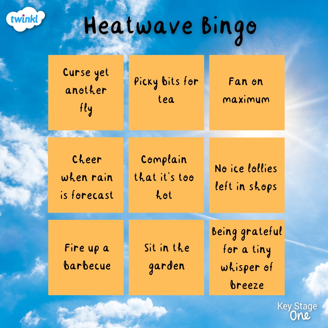 TwinklKS1's tweet photo. Which ones can you tick off? 🥵

#KS1Humour #KS1Memes #Bingo #Heatwave #Heatwaveuk https://t.co/2ZJCFAQa0L