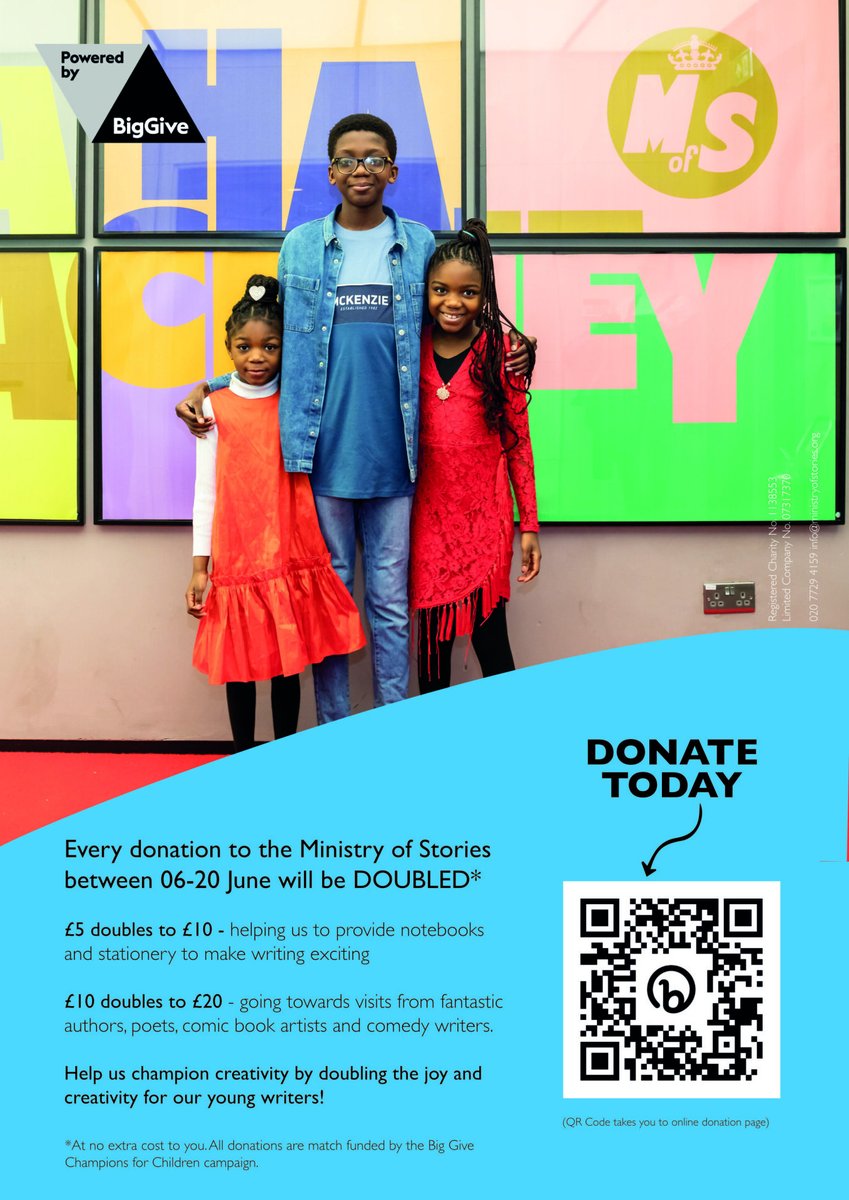 Our friends at Ministry of Stories are taking part in the Big Give Champions for Children campaign to raise vital funds for their community writing labs.

From 6th - 20th June every donation will be doubled!

Click here to find out more - bitly.ws/HdRd