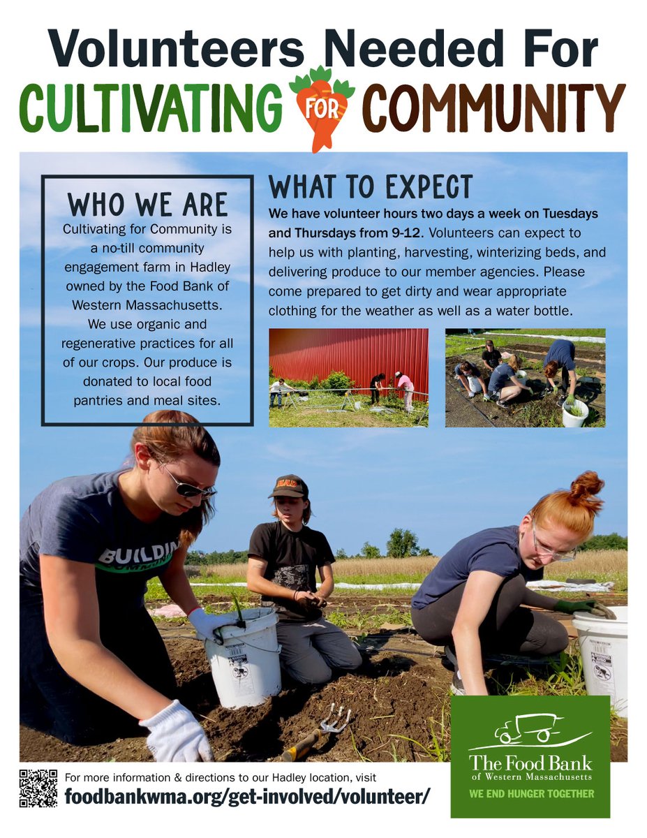 FoodBankWMA's tweet image. Are you interested in harvesting and planting? We need volunteers this growing season!
#farming #planting #harvest #westernma #foodbanking