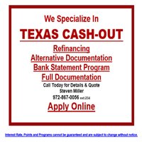 steve3535's tweet photo. Texas Cash-Out Refinancing - Primary Residence &amp; Investment Properties
Please call for Details &amp; Quote Texas Mortgage Company - Custom Loans to Your Needs - For Today's Rates - https://t.co/pHo7rLzykd – 972.867.0056 x234 #texasmortgage.com
https://t.co/7v3WXgQQbs https://t.co/ehG6x1twSv
