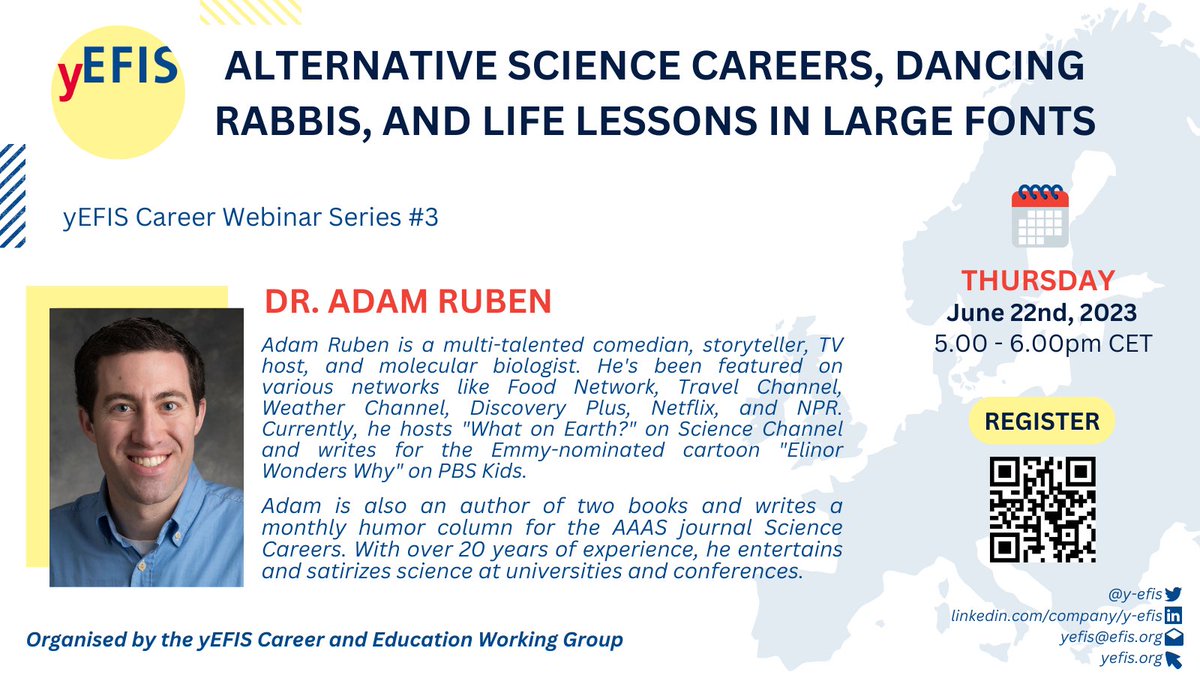 yEFIS (@y_efis) on Twitter photo 📣 Don't miss our exciting webinar featuring <a href="/adam_ruben/">Adam Ruben</a>, a scientist and entertainer known for his comedic storytelling and scientific expertise. Gain career insights from this renowned speaker!
🗓️ June 22nd, 5pm CET - Zoom
Register tinyurl.com/yefis3
#career #ecr #science 📣 Don't miss our exciting webinar featuring <a href="/adam_ruben/">Adam Ruben</a>, a scientist and entertainer known for his comedic storytelling and scientific expertise. Gain career insights from this renowned speaker!
🗓️ June 22nd, 5pm CET - Zoom
Register tinyurl.com/yefis3
#career #ecr #science