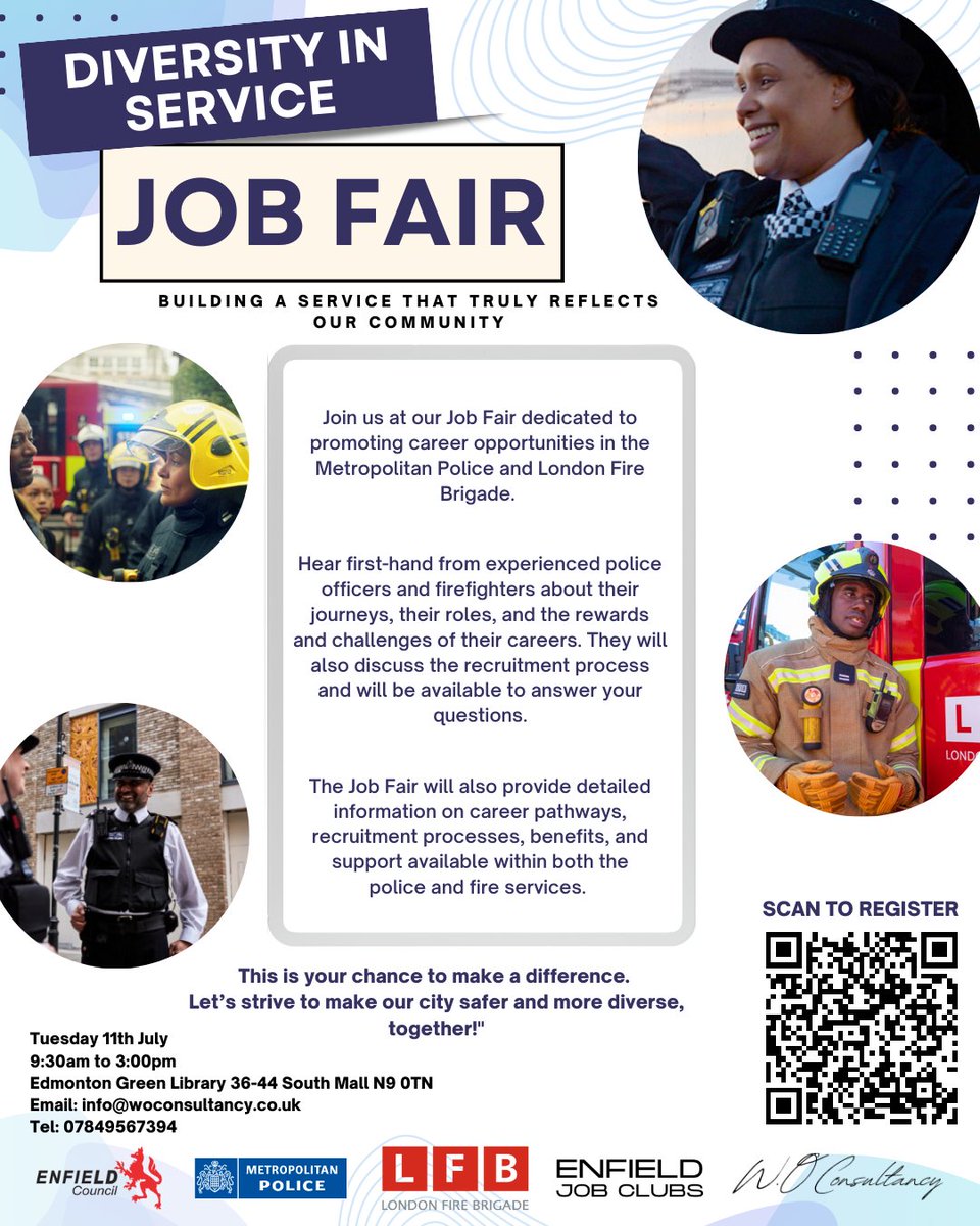 met_connected's tweet photo. We're excited to announce the upcoming Job Fair showcasing incredible opportunities within the Metropolitan Police and the London Fire Brigade! The event will take place on Tuesday 11th July from 9:30 AM to 3:00 PM at Edmonton Green Library.  👨‍🚒👮‍♂️
#metpolice #londonfirebrigade https://t.co/yCpxbwPADF