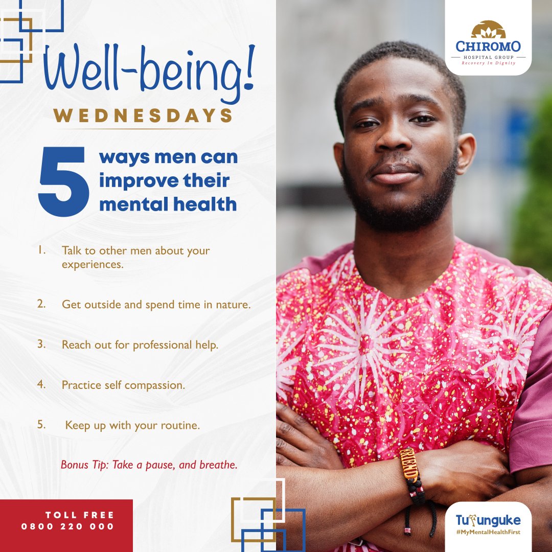 5 WAYS MEN CAN IMPROVE THEIR MENTAL HEALTH.

1. Talk to other men about your experiences.

2. Get outside and spend time in nature.

3. Reach out for professional help.

4. Practice self compassion.

5. Keep up with your routine.

#TufungukeWanaume
