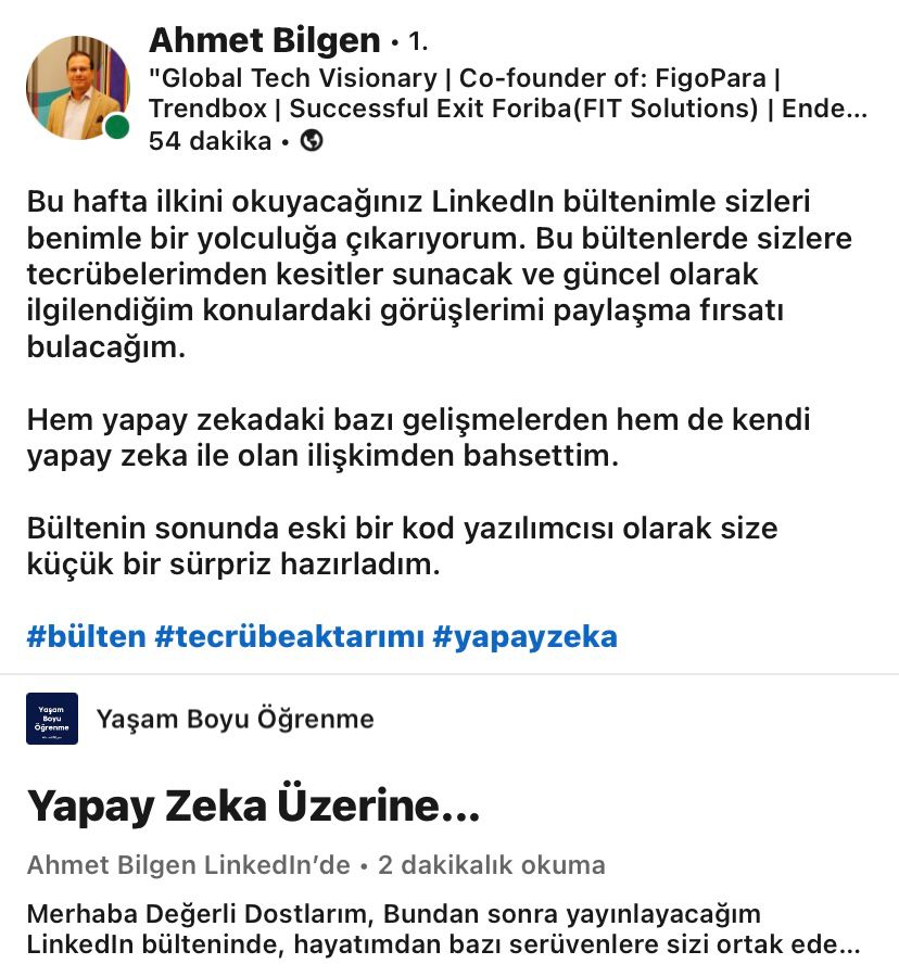 linkedin.com/pulse/yapay-ze…

Bazı Tecrübe paylaşımlarımı Linkedin üzerinden bülten olarak paylaşacağım. Buradan takip edebilirsiniz.

Hem yapay zekadaki bazı gelişmelerden bahsettim.

Bültenin sonunda size küçük bir sürpriz hazırladım.
#bülten #tecrübeaktarımı #yapayzeka