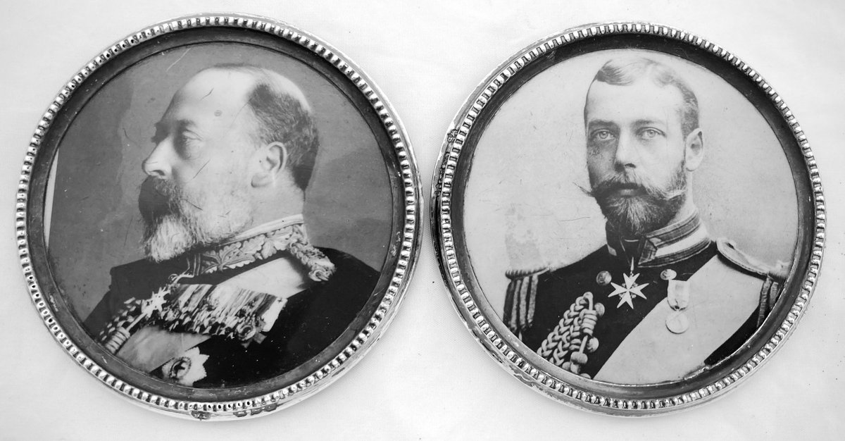 A late Victorian pair of silver framed photographs of the Prince of Wales and Prince George. Hallmarked for Chester 1900 by James Deakin & Sons. #royal #antiques #silver