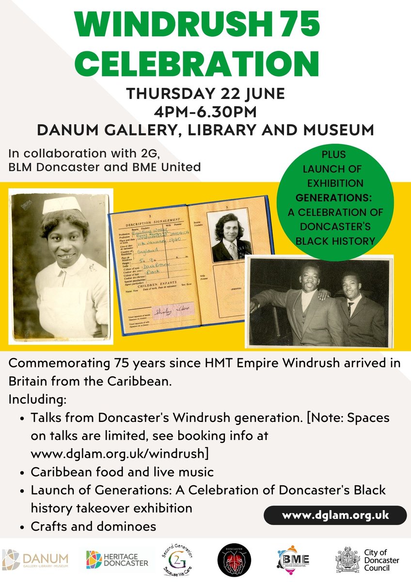 MyDoncaster's tweet photo. A celebration event will take place on Thursday 22 June at @DanumGLAM to commemorate 75 years since HMT Empire Windrush docked in England.

Read more here: https://t.co/MILpL59VeY https://t.co/jMZ0SjlIKm