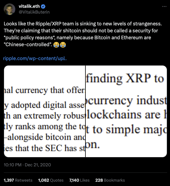 Hinman is on the phone with Buterin in the lead up to the speech.  The Russian has some balls attacking Ripple knowing he was on the phone with the SEC to affect the outcome.  😡😡😡😡😡