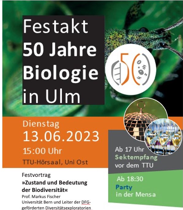 @BiologyUlm (@biologyulm) on Twitter photo <a href="/BiologyUlm/">@BiologyUlm</a> wird 50! Heute Festakt im TTU UNI Ulm Ost um 15 Uhr mit Festvortrag von Markus Fischer über Zustand und Bedeutung der Biodiversität! Ab 18:30 Geburtstags Party in der Mensa!
uni-ulm.de/nawi/nawibiolo… <a href="/BiologyUlm/">@BiologyUlm</a> wird 50! Heute Festakt im TTU UNI Ulm Ost um 15 Uhr mit Festvortrag von Markus Fischer über Zustand und Bedeutung der Biodiversität! Ab 18:30 Geburtstags Party in der Mensa!
uni-ulm.de/nawi/nawibiolo…