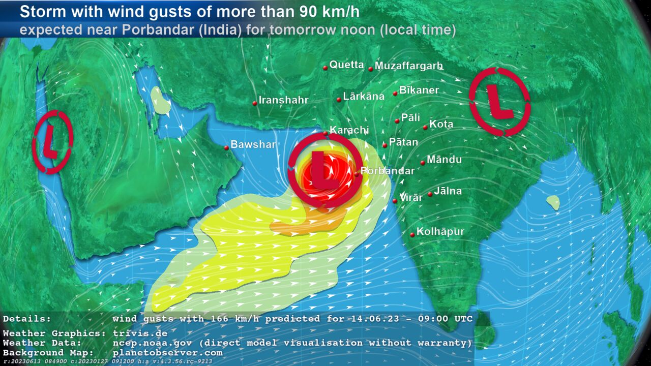 ASKMeteo on Twitter: "GFS data contains significant #weather #wetter of  type "#Storm" with wind gusts of more than 90 km/h near #Porbandar (#India)  for tomorrow noon given in local time. The GFS