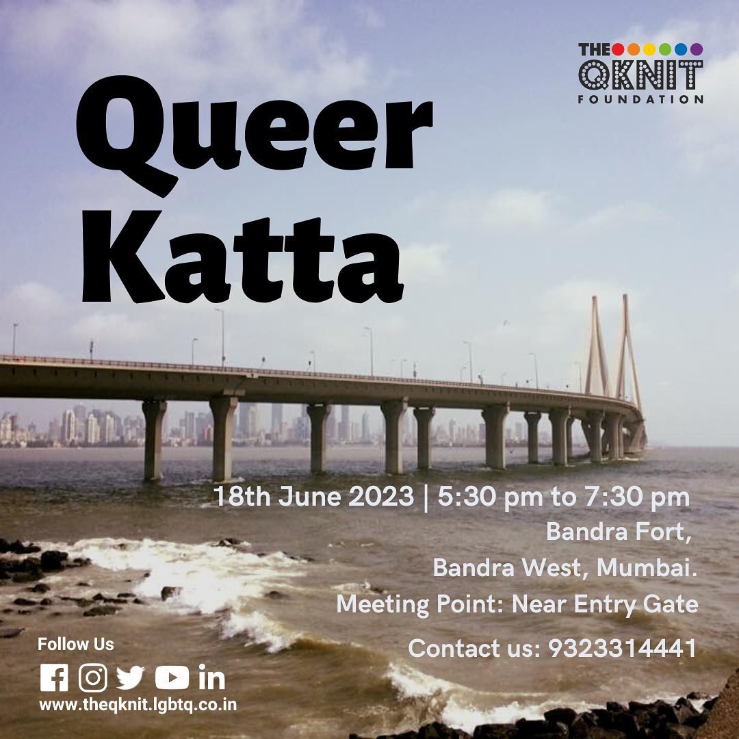 QKnitFoundation's tweet photo. Hello folks,
Join us for our this month’s Queer Katta.
Date: Sunday 18th June 2023
Time: 5:30 pm to 7:30 pm
Venue: Bandra Fort
Contact: 9323314441
Note: It is a free of charge event.
#theqknit #queer #queerkatta #conversation #talk #sharing #lgbtqia #lgbt #lgbtq https://t.co/6iOJ9bJJjm