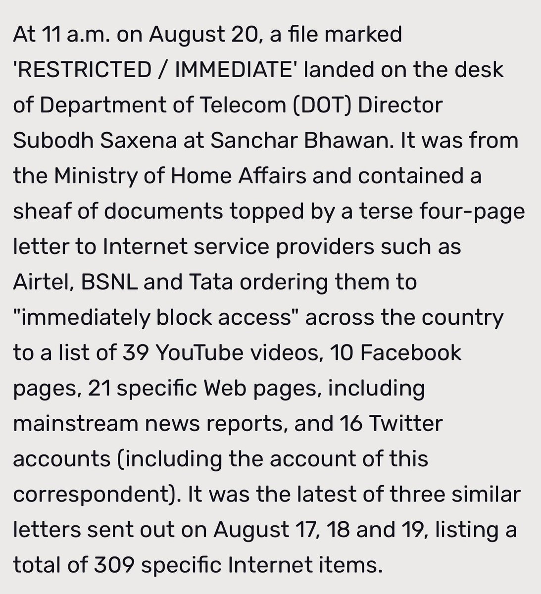 ShivAroor's tweet photo. In 2012, my Twitter account was ‘blocked’ at the orders of the Govt in what turned out to be a clumsy, disastrous crackdown on social media. I was summoned and ordered to delete certain news tweets. I refused. My account of the infamous #GOIblocks https://t.co/9D68fhk6pd https://t.co/6xNIU4Ife7