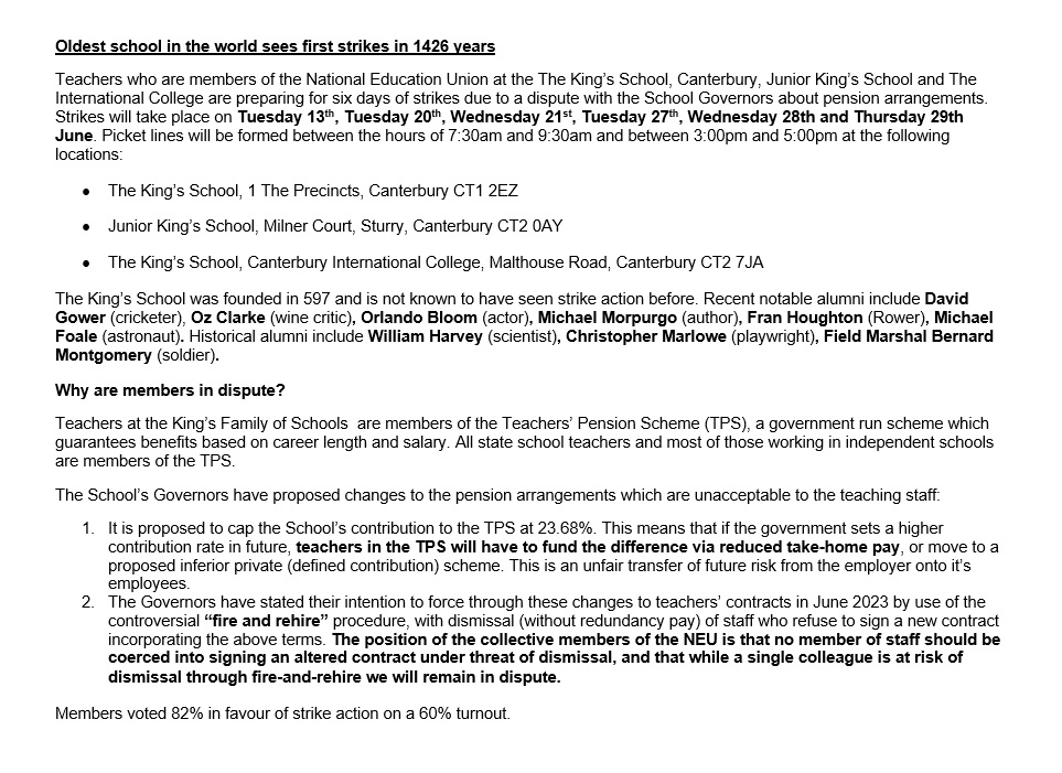 SouthEastNEU's tweet photo. Press release: Oldest school in the world sees first strikes in 1426 years

Teachers who are members of the @NEUnion at the @KingsCanterbury, @JuniorKingsSch and The International College are preparing for six days of strikes due to a dispute about pension arrangements. https://t.co/QnTN9tLAAs