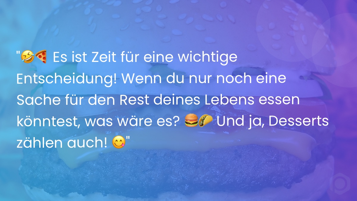 Prowect's tweet photo. "🤣🍕 Es ist #Zeit für eine wichtige Entscheidung! Wenn du nur noch eine Sache für den Rest deines Lebens essen könntest, was wäre es? 🍔🌮 Teile uns dein ultimatives Essensverlangen mit! Und ja, Desserts zählen auch!😋"#essen #leben #pizzalover #burgerlover #pastalover #cupcakes https://t.co/8kmqDFghZ1