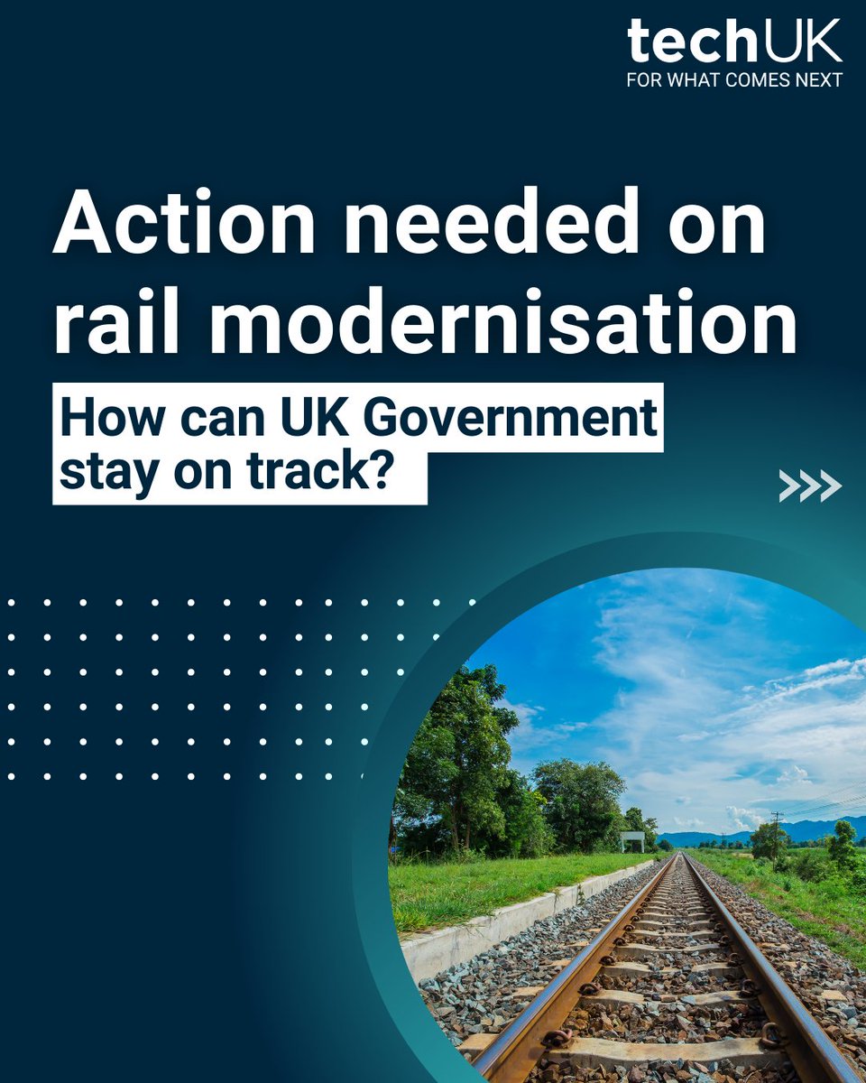 techUK's tweet photo. 🚊To meet today's demands, our #railways must embrace tech. 

We have set out urgent recommendations to ensure we don't lose pace in making improvements. 

We hope the @transportgovukwill support the #techsector by acting on these now.

Our asks in full: https://t.co/GImhcGdJvp https://t.co/KSSmOhM6Ta