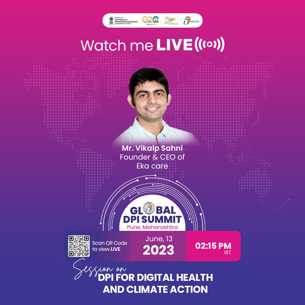 #MeetTheSpeakers at the #GlobalDPISummit

Vikalp Sahni is the Founder &amp; CEO, Eka Care. Listen to him #live at the Session on "DPI for Digital Health and Climate Action" at the Summit on June 13.

Save the link - youtube.com/watch?v=DGY6v5…

#G20DEWG #G20India #ClimateChange