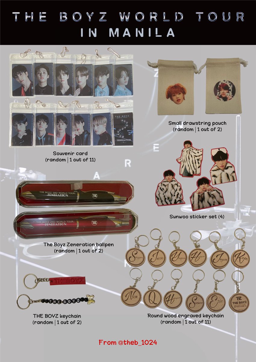 The Boyz fan support
Zeneration in Manila

strictly 1:1 (limited qty)
✔️ rt & like (show proof on D-day)
🔜 exact location & time: TBA

1 set includes:
🔹 1 souvenir card
🔹 1 The Boyz keychain
🔹 1 round wood keychain
🔹 1 ballpen
🔹 1 small drawstring pouch
🔹 4 Sunwoo stickers