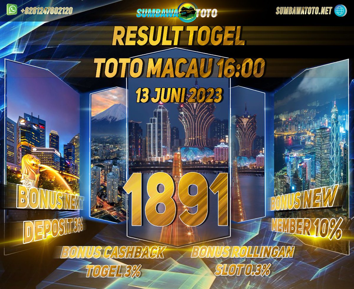 HASIL PENGELUARAN TOTOMACAU SORE 
Hari Ini SELASA, 13 June 2023
Result : 1891
SHIO : AYAM
Selamat Kepada Pemenang, Salam JP Sumbawatoto
#sumbawatoto #pengeluarantogel #togel #togelonline #prediksitogel 
#togeljitu #resulthariini #resulttotomacau #togeltotomacau