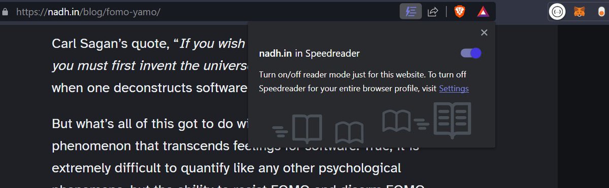 bluequbit's tweet image. This @brave feature is the most useful feature for me right now. I started reading more due to this zen-mode!
#Speedreader