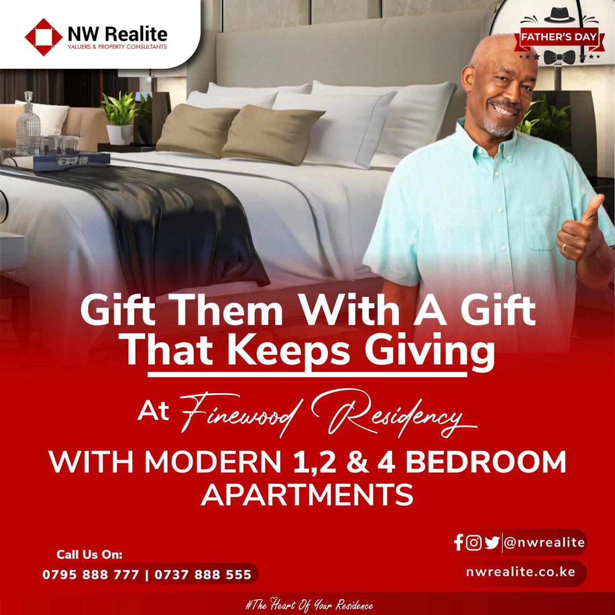 Gift dad a gift that will not only make his day but also provide a solid foundation for the future, securing his dreams and aspirations.
To find out more; 
Call Us!
0737 888 555| 0795888777
nwrealite.co.ke/properties
#NWRealite #WeTouchItWeAddValue