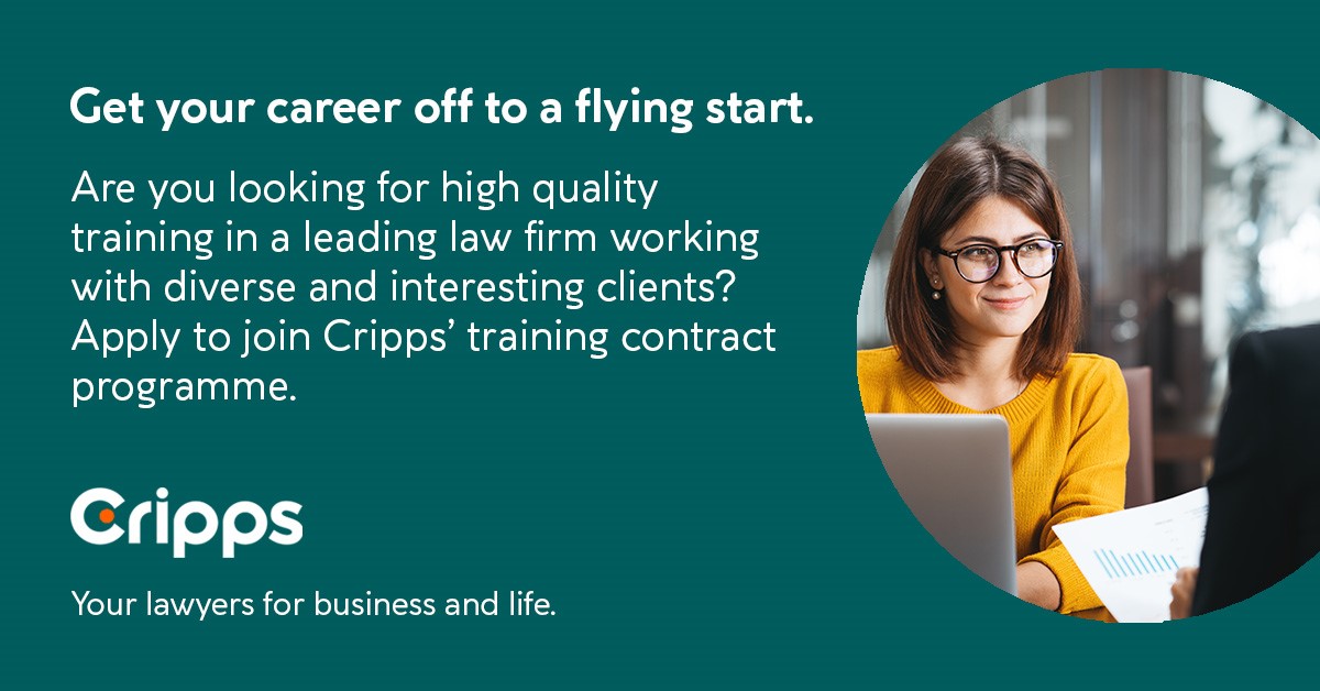 Legal500Student's tweet photo. The recruitment window for the @crippslaw trainee solicitor programme is now open, closing 7 July 2023. Find out more: https://t.co/m6fft9sxTe https://t.co/u92tts1pxS