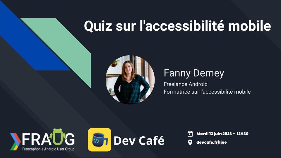 Francophonie Android User Group (@fraug_android) on Twitter photo 📣 Rappel ! Rdv à 12h30 sur la chaine #Youtube de <a href="/DevCafeYt/">Dev Café ☕️</a> pour un live-quiz sur l'#accessibilité avec <a href="/FannyDemey/">Fanny Demey</a> .
🔗 devcafe.fr/live
📆 Infos et RSVP gdg.community.dev/events/details… 📣 Rappel ! Rdv à 12h30 sur la chaine #Youtube de <a href="/DevCafeYt/">Dev Café ☕️</a> pour un live-quiz sur l'#accessibilité avec <a href="/FannyDemey/">Fanny Demey</a> .
🔗 devcafe.fr/live
📆 Infos et RSVP gdg.community.dev/events/details…