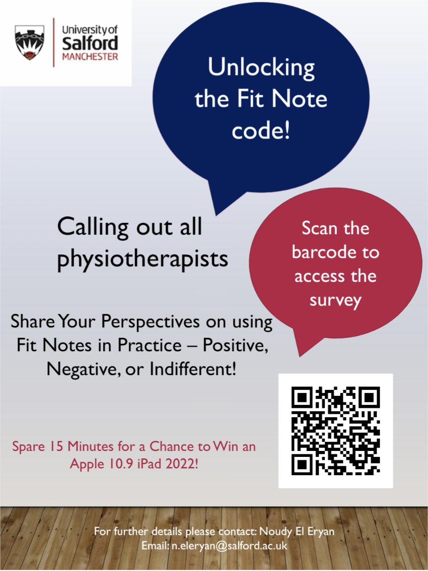 R u a physio working in the UK, with people of a working age? We need your help! ⬇️⬇️⬇️⬇️
Please see this link or scan the QR code for further information: 
salford.onlinesurveys.ac.uk/fitnote

#physiotherapy #fitnote #fitnessforwork #workplacehealth #FCP