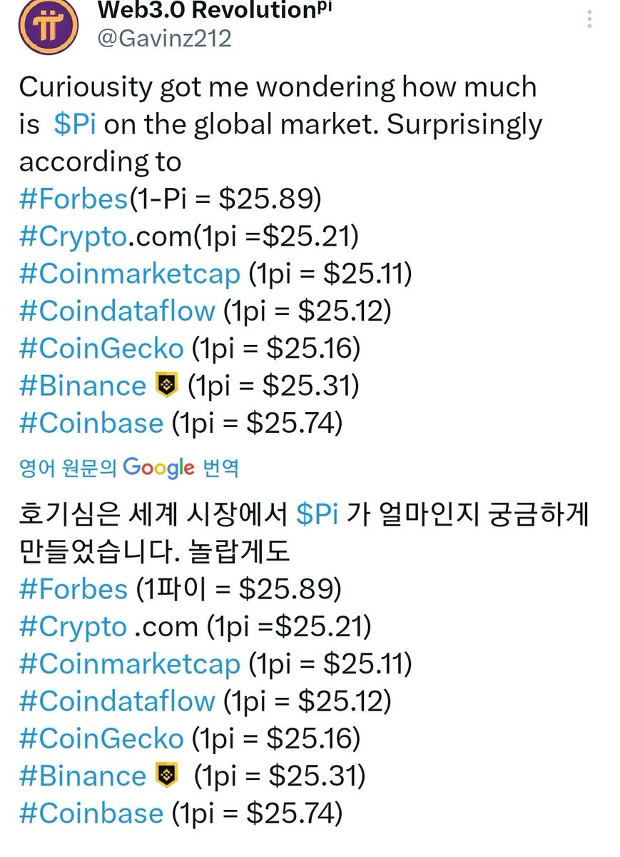 hoggasi1009's tweet photo. Curiousity got me wondering how much is $Pi on the global market. Surprisingly according to
#Forbes(1-Pi = $25.89)
#Crypto.com(1pi =$25.21)
#Coinmarketcap (1pi = $25.11)
#Coindataflow (1pi = $25.12)
#CoinGecko (1pi = $25.16)
#Binance (1pi = $25.31)
#Coinbase (1pi = $25.74) https://t.co/LvRTQYm5NI