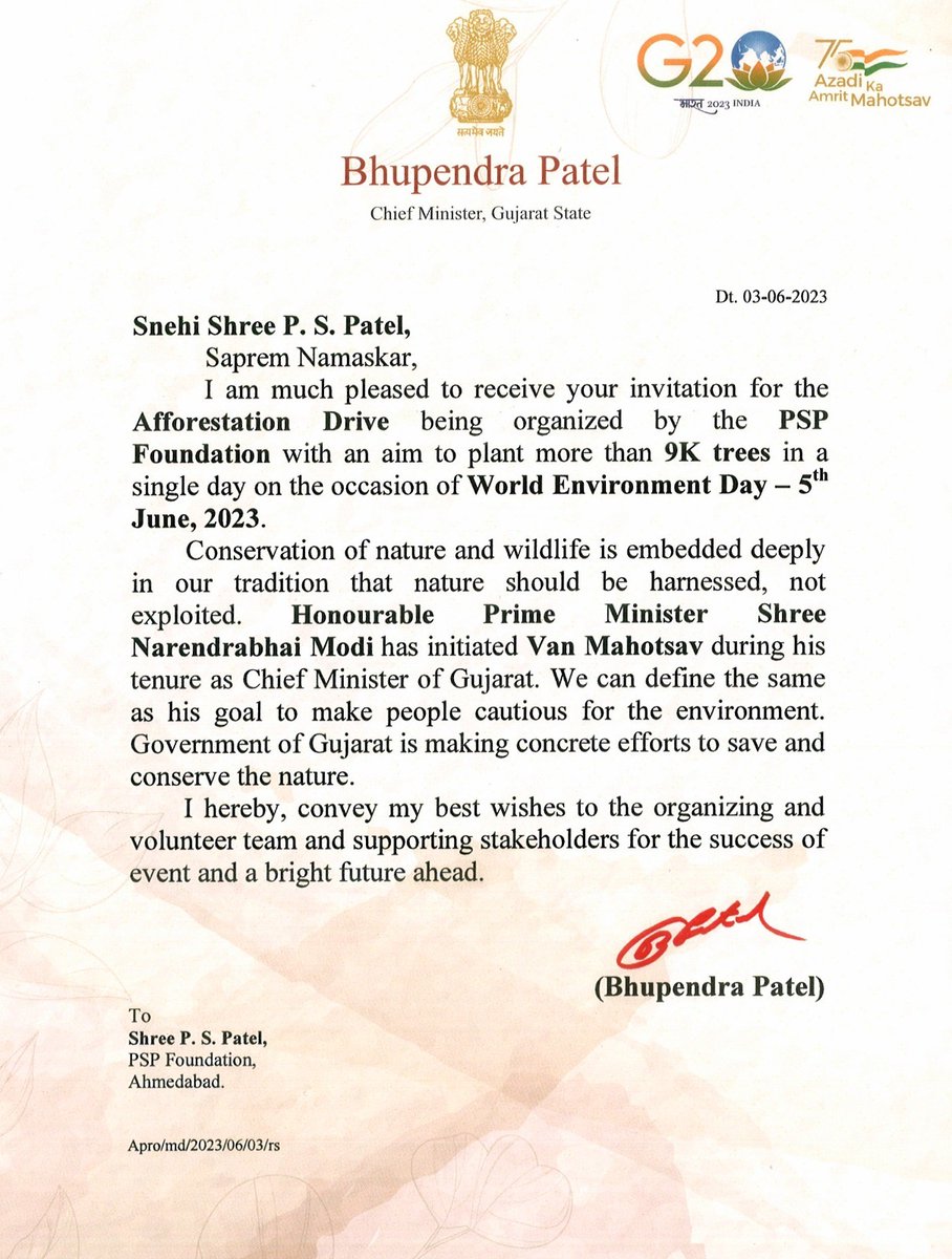 PSPprojectsLtd's tweet photo. We are pleased to share that Our Honourable Chief Minister Shree Bhupendrabhai Patel has appreciated &amp; sent us the bestest wishes for the PSP Aforestration Drive organized on World Environment Day.

#environmentday2023 #PSPProjects #PSPFoundation #savemotherearth #saveenvironment https://t.co/mpkfdJxhdf