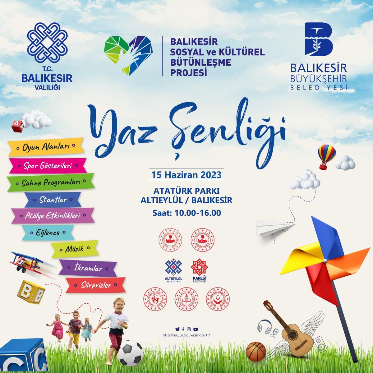 🔹Balıkesir’de Yaz Şenliği  Başlıyor…

🔸Gün boyu renkli etkinliklere ev sahipliği yapacak olan Yaz Şenliği 15 Haziran Perşembe günü saat 10.00’da Atatürk Parkında…

🔹Yaz Şenliğine sevgili çocuklarımızı ve ailelerini bekliyoruz…

📍Atatürk Parkı 
🗓️15 Haziran 
⏰ 10.00