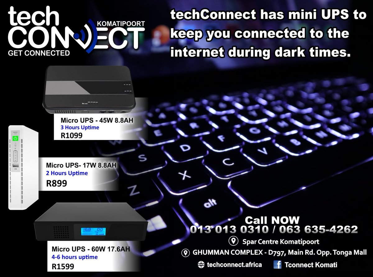 techConnect Komatipoort and Tonga- Keep your internet up and running during loadshedding, techConnect has mini UPS to keep you connected.
Give us a call on 0130130310 and let us keep you connected.
 facebook.com/techConnectKom…

#TechConnect #ups #Komatipoort #internetserviceprovider