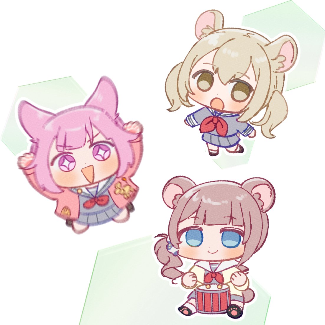 multiple girls animal ears 3girls school uniform mouse ears chibi pink hair  illustration images