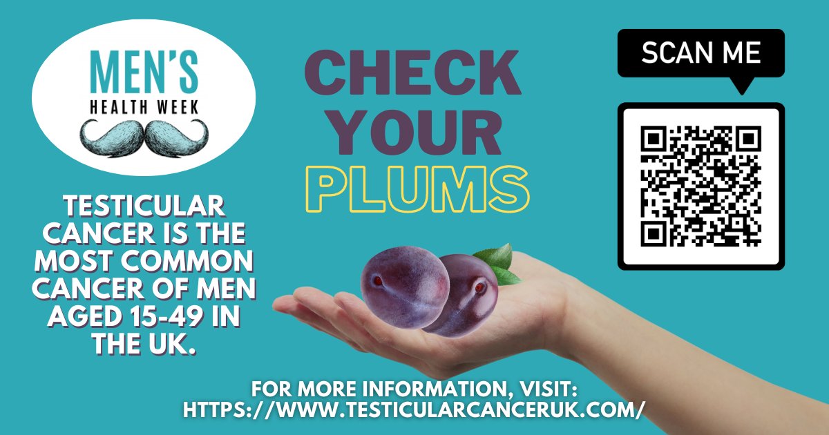 It's #MensHealthWeek! Take a moment to check yourself for signs of testicular cancer. 

Early detection is crucial, so reach out to the doctor if you notice anything unusual and 'check your plums' regularly. 

Further Info:
bit.ly/TCUK23

#TesticularCancerAwareness 💙