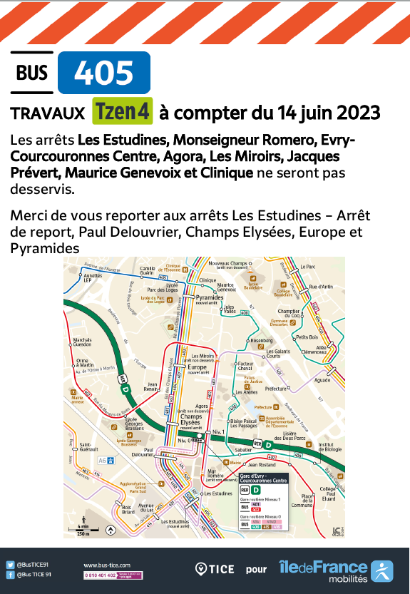 EvryEss_IDFM's tweet photo. #InfoTrafic A partir du 14 juin 2023, les lignes #bus403, #bus404, #bus405, #bus407, #bus453 desserviront les arrêts de report situés sur le boulevard des Champs Elysées dans les deux directions. https://t.co/B5eMk2zxvm