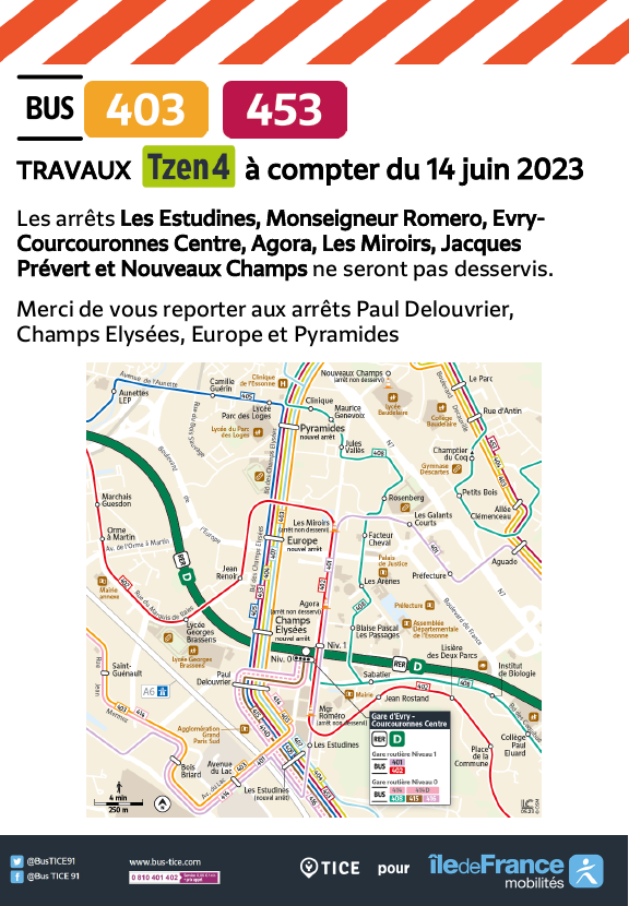 EvryEss_IDFM's tweet photo. #InfoTrafic A partir du 14 juin 2023, les lignes #bus403, #bus404, #bus405, #bus407, #bus453 desserviront les arrêts de report situés sur le boulevard des Champs Elysées dans les deux directions. https://t.co/B5eMk2zxvm