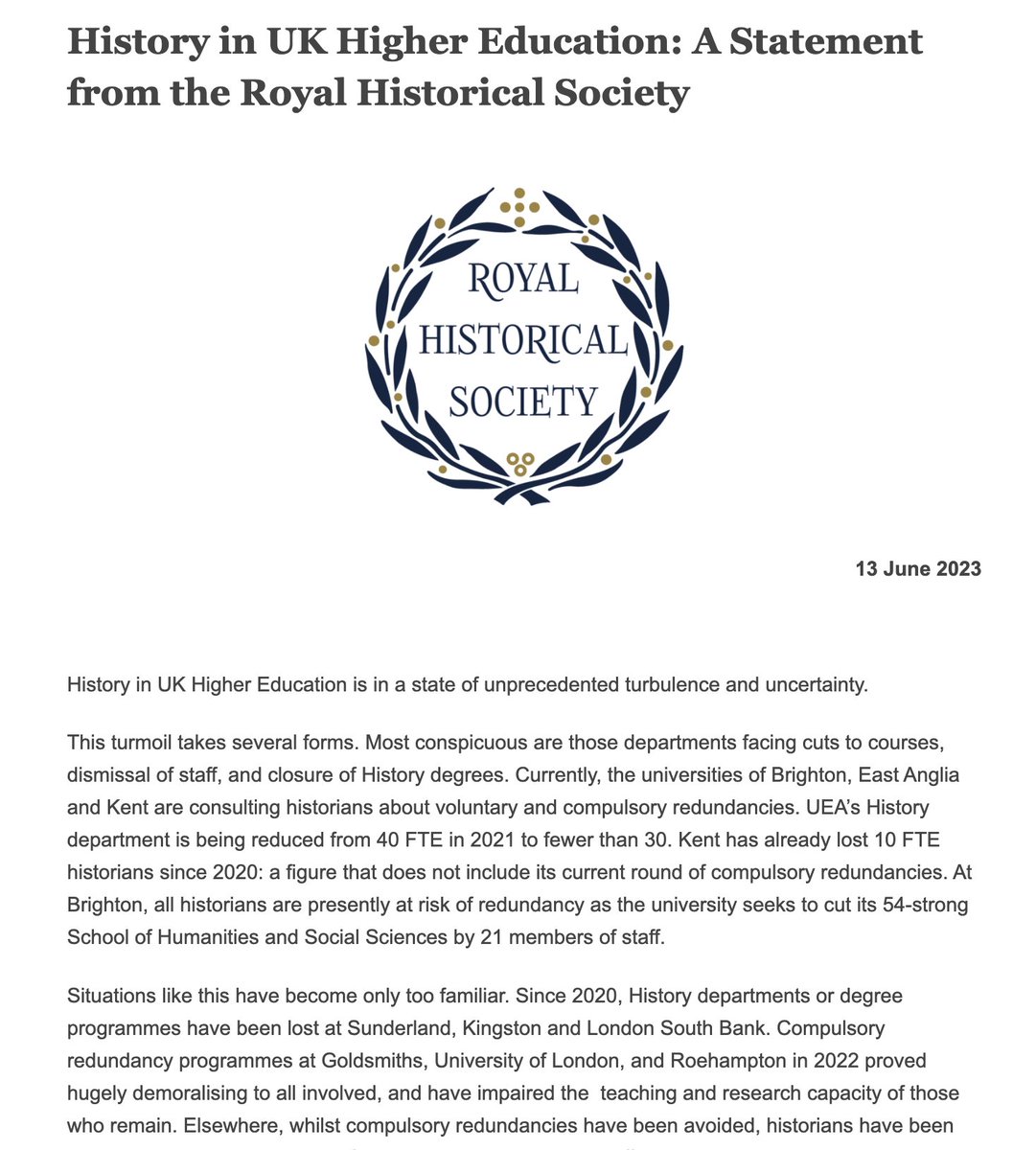 This morning @RoyalHistSoc issues 'History in UK Higher Education: A Statement from the Royal Historical Society' bit.ly/3qGTF2J The statement addresses the extent, consequences and causes of ongoing cuts and closures at UK #History departments. #twitterstorians