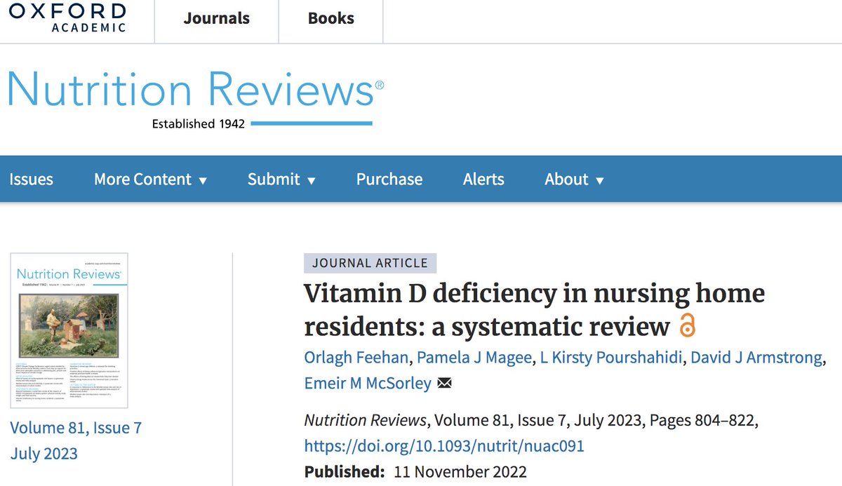 '#vitaminD deficiency is highly prevalent in nursing home residents'

Conclusion of new review
In #NutritionReviews @NutrReviews
From @NICHE_ULSTER

This shouldn't be surprising

Nursing home residents often have multiple risk factors for #vitaminDdeficiency

Monitor/#supplement!